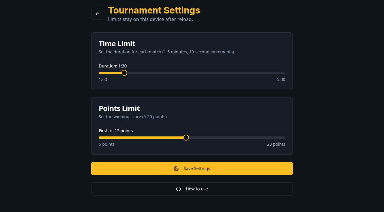 Страница Tournament Settings с ползунками времени и очков и кнопкой How to use